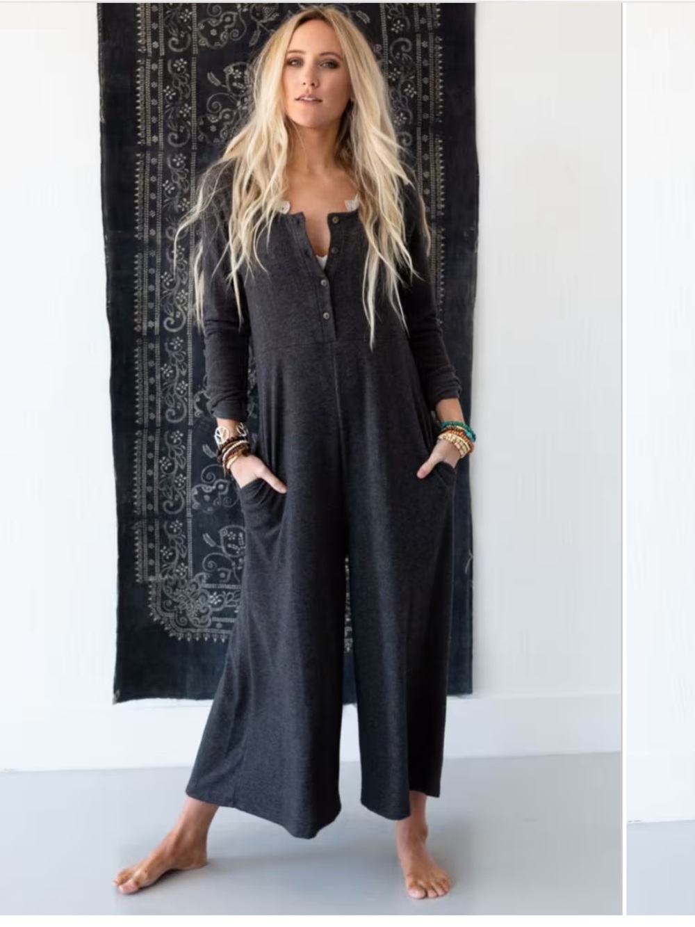 Three Bird Nest Simply Comfort Gray Long-Sleeve Button Jumpsuit